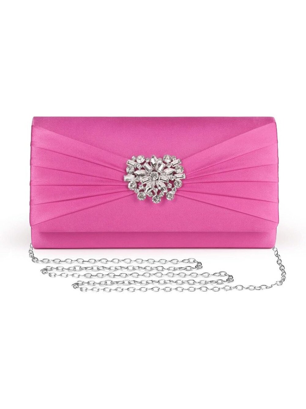 Womens Hot Pink Satin Rhinestone Clutch Prom Detachable Chain Evening Bag